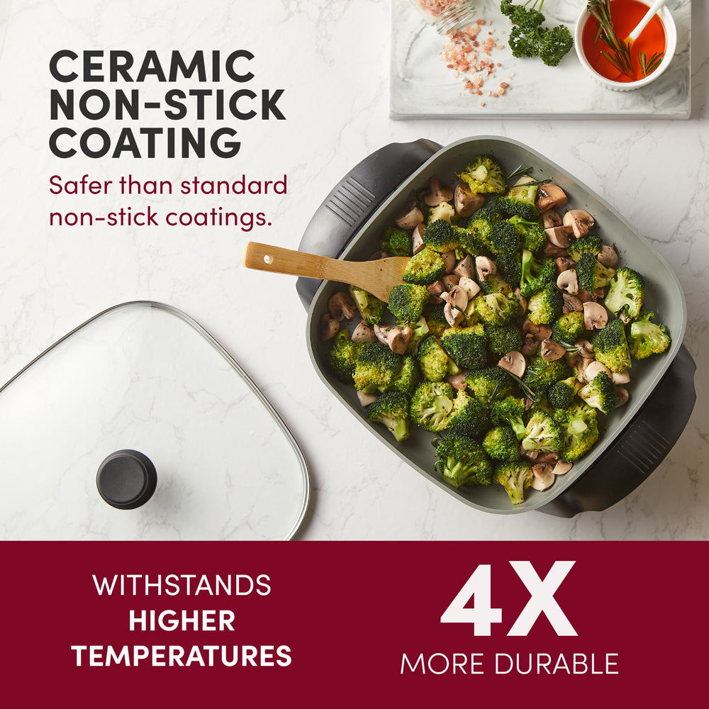 Ceramic Non-stick Coating.  Safer than standard non-stick coatings.  Withstands higher temperatures.  4x more durable