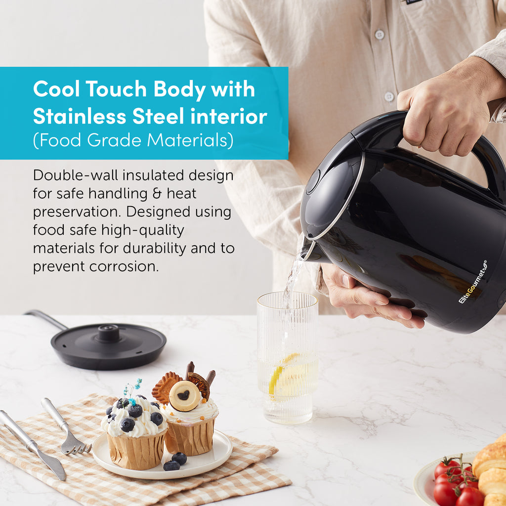 Cool Touch Body with Stainless Steel Interior (Food Grade Materials).  Double-wall insulated design for safe handling & heat preservation.  Designed using food safe high-quality materials for durability and to prevent corrosion.