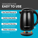 Designed for Easy to Use.  One Touch Pop-up Lid.  Pop-Up, hinged lid makes refilling and clean up simple, quick & easy.  Comfort Grip Handle.  Comfortable and safe for pouring & easy transport.  Cord-Free Serving.  The 360-degree swivel base allows you to safely and easily pour and serve.  Power Indicators.  Let you know when kettle is in the process of heating.