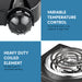 Variable Temperature Control to achieve warm, low, medium and high heat.  Heavy Duty Coiled Element for fast, even and consistent heating.