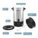 30 Cup Stainless Steel Coffee Urn parts : Durable stainless steel, Cool-touch handles, Removable coffee filter basket, 2-way dispenser, Cool-touch locking lid, Stem for basket, On/Off switch with indicator light.