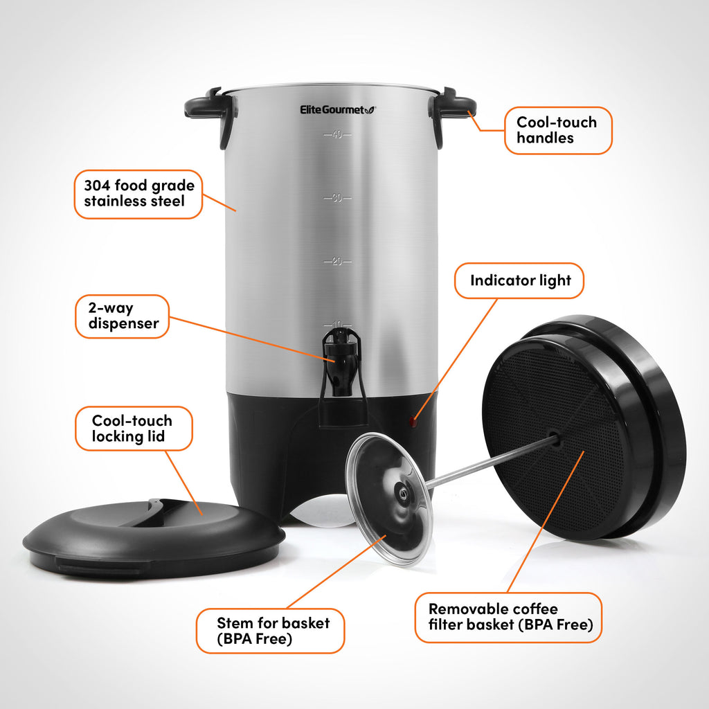 Parts of Stainless steel coffee urn : Cool-touch handles, 304 food grade stainless steel, 2-way dispenser, Indicator light, Cool-touch locking lid, Stem for basket (BPA Free), Removable coffee filter basket (BPA Free).