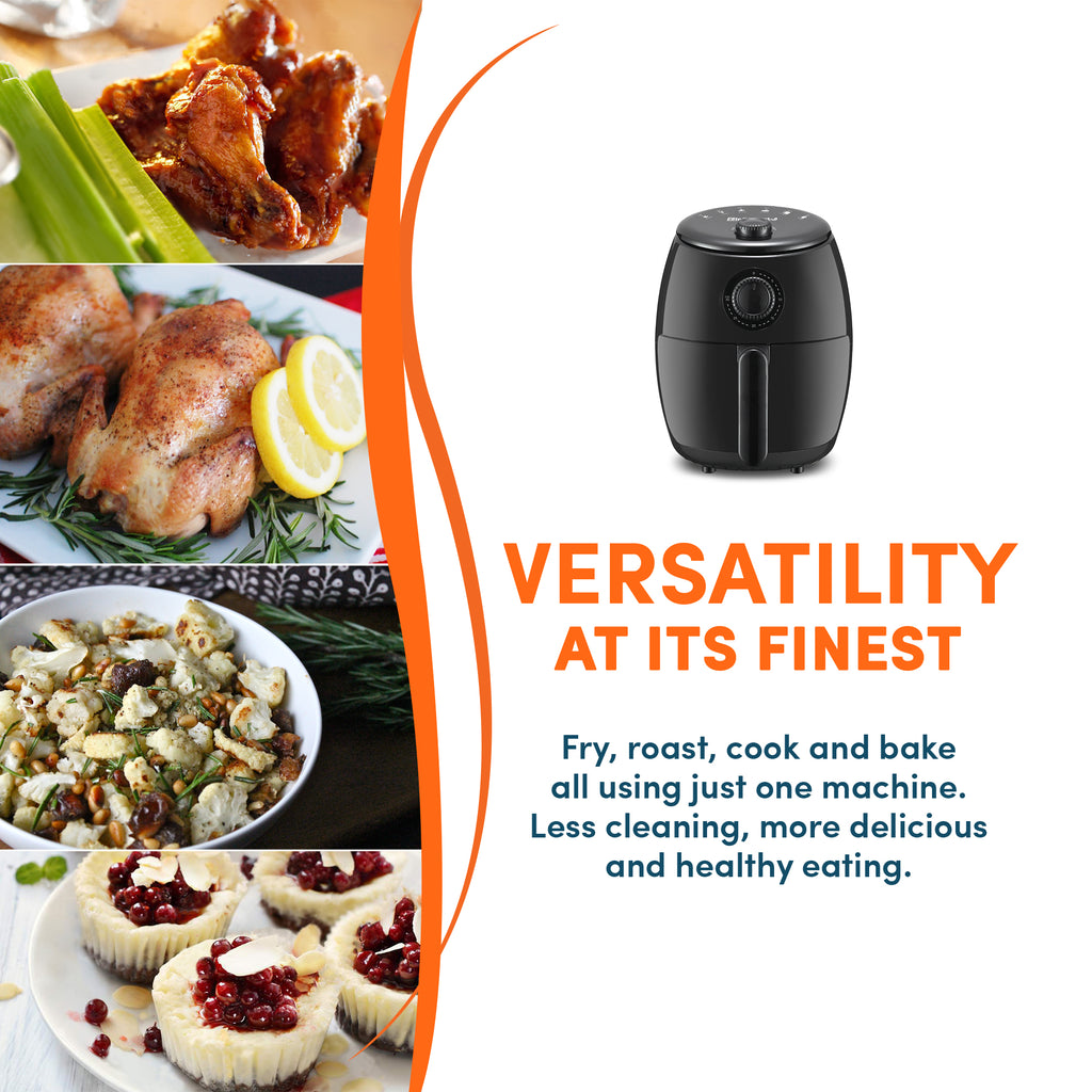 Various cooked food display next to air fryer. Versatility at its finest. Fry, roast, cook and bake all using just one machine. Less cleaning, more delicious and healthy eating.