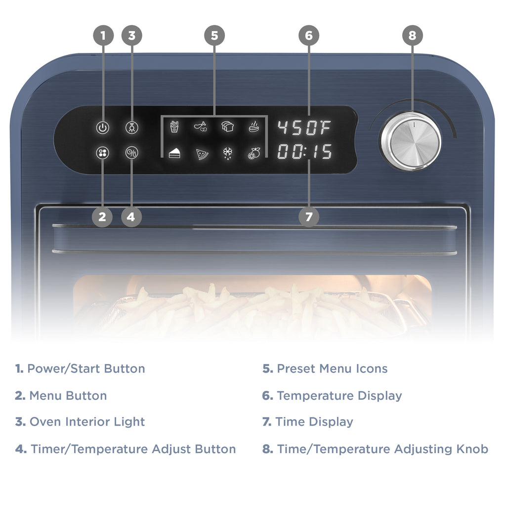 1. Power/Start Button 2. Menu Button 3. Oven Interior Light 4. Timer/Temperature Adjust Button 5. Preset Menu Icons 6. Temperature Display 7. Time Display 8. Time/Temperature Adjusting Knob
