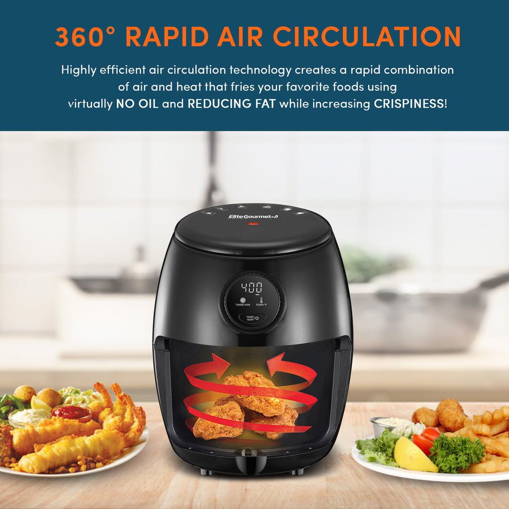 360 degree rapid air circulation. Highly efficient air circulation technology creates a rapid combination of air and heat that fries your favorite foods using virtually NO OIL and reducing fat while increasing crispiness! Air fryer display with air circulation graphics next to various fried foods. 