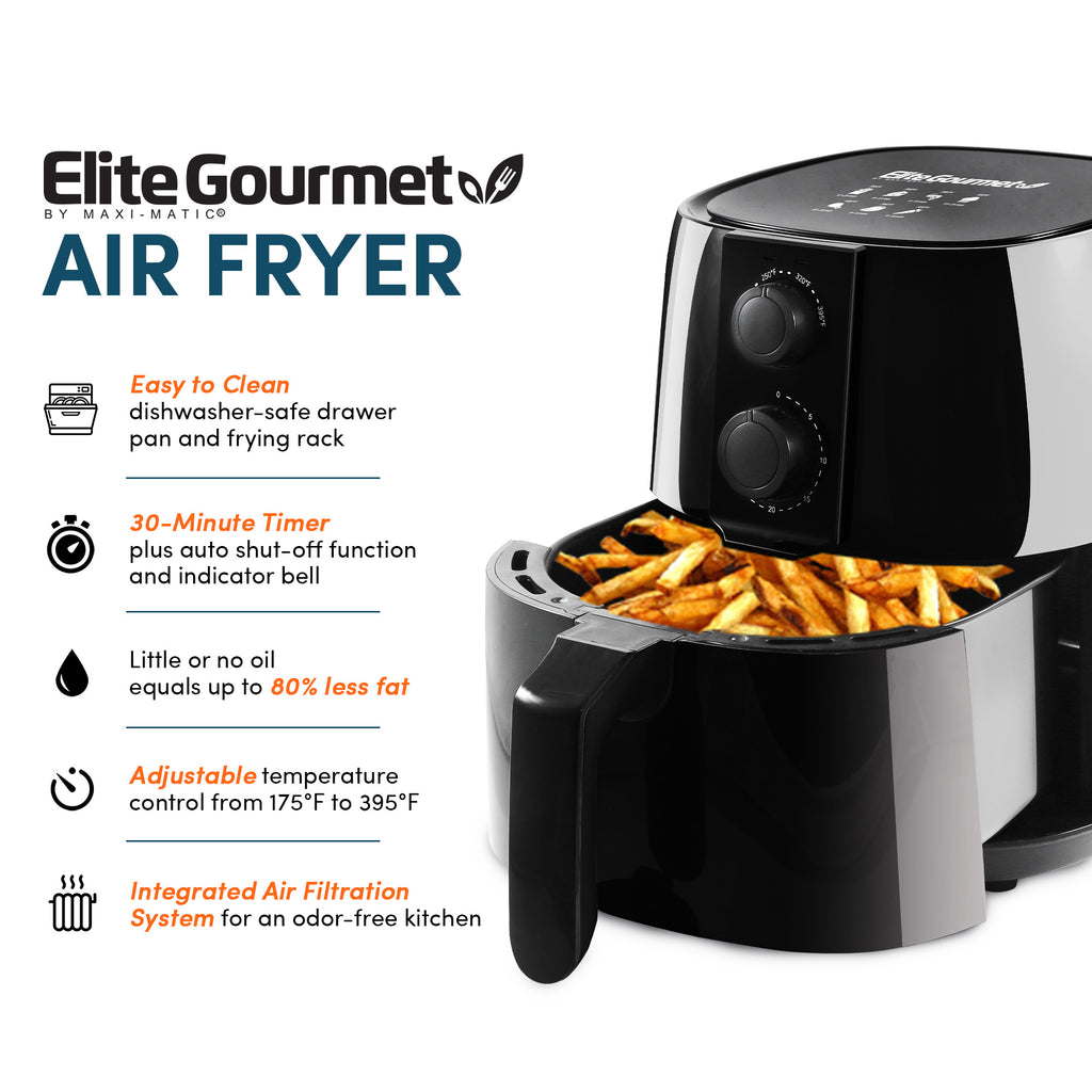 Easy to Clean dishwasher-safe drawer pan and frying rack. 30-Minute Timer plus auto shut-off function and indicator bell. Little or no oil equals up to 80% less fat. Adjustable temperature control from 175°F to 395°F. Integrated Air Filtration System for an odor-free kitchen.