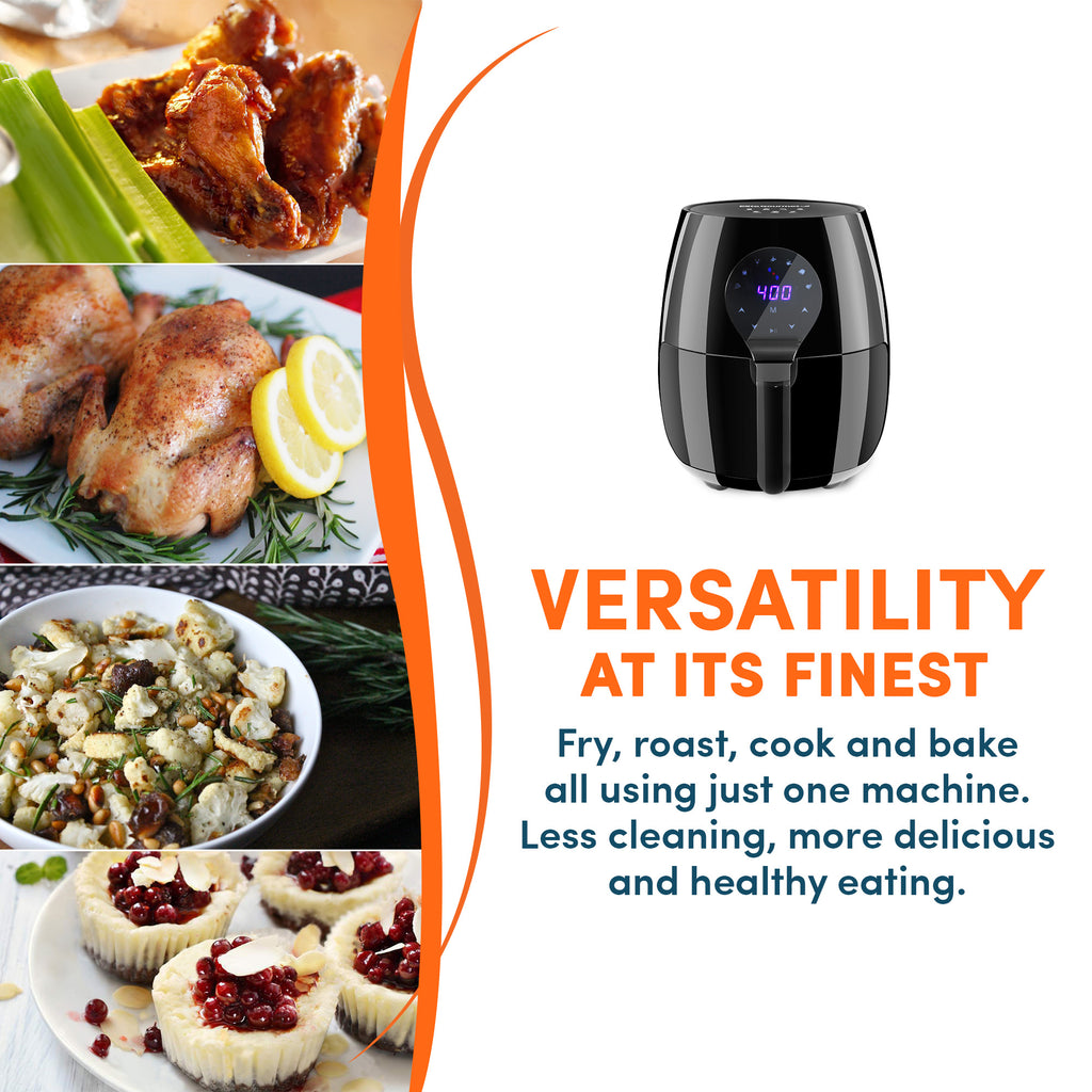 Versatility at its finest.  Fry, roast, cook and bake all using just one machine.  Less cleaning, more delicious and healthy eating.  Various fried foods such as chicken wings, roasted chicken, vegetables and baked tarts.