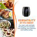 Versatility at its finest.  Fry, roast, cook and bake all using just one machine.  Less cleaning, more delicious and healthy eating.  Various fried foods such as chicken wings, roasted chicken, vegetables and baked tarts.