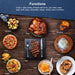 Various cooked foods on the table: vegetables, pizza, fries, nuggets, roast, broil, toast, dehydrate, proof, bagel. Functions: cook a variety of foods with air fry, grill, bake, roast, toast, broil, pizza, dehydrate, braise, reheat, warm functions.