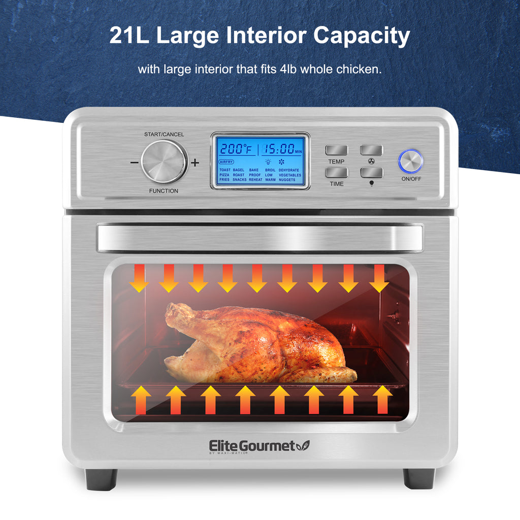 Air fryer oven with a roast chicken inside. 21 Large interior capacity. With large interior that fits 4 lb whole chicken.