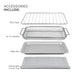ACCESSORIES INCLUDE: Wire Rack, Air Fry Basket, Bake Pan, Removable Crumb Tray.
