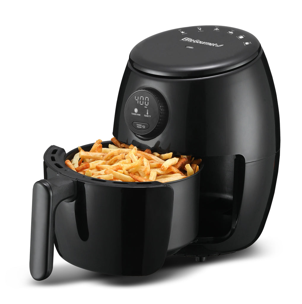 2.1 Qt. programmable digital air fryer with golden fries inside the frying basket.
