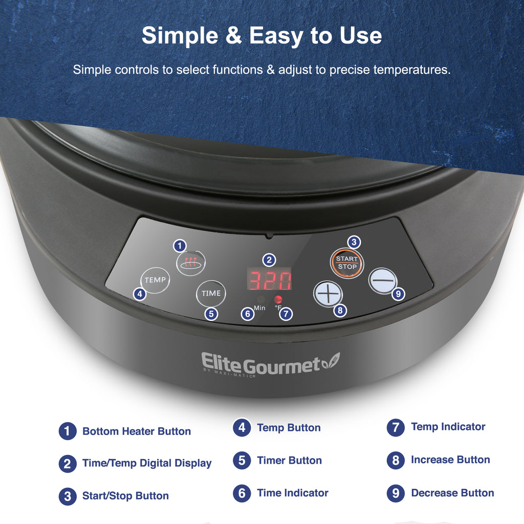 Simple & Easy to Use Simple controls to select functions & adjust to precise temperatures. 1. Bottom Heater Button, 2. Time/Temp Digital Display, 3. Start/Stop Button, 4. Temp Button, 5. Timer Button, 6.Time Indicator, 7. Temp Indicator, 8. Increase Button, 9. Decrease Button. Image showing parts of 5Qt Rapid Air Fryer & Multi-cooker.