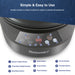 Simple & Easy to Use Simple controls to select functions & adjust to precise temperatures. 1. Bottom Heater Button, 2. Time/Temp Digital Display, 3. Start/Stop Button, 4. Temp Button, 5. Timer Button, 6.Time Indicator, 7. Temp Indicator, 8. Increase Button, 9. Decrease Button. Image showing parts of 5Qt Rapid Air Fryer & Multi-cooker.