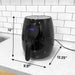 Air Fryer on kitchen counter.  Dimensions 12" Height, 9.5" Width, 12'25" Length.