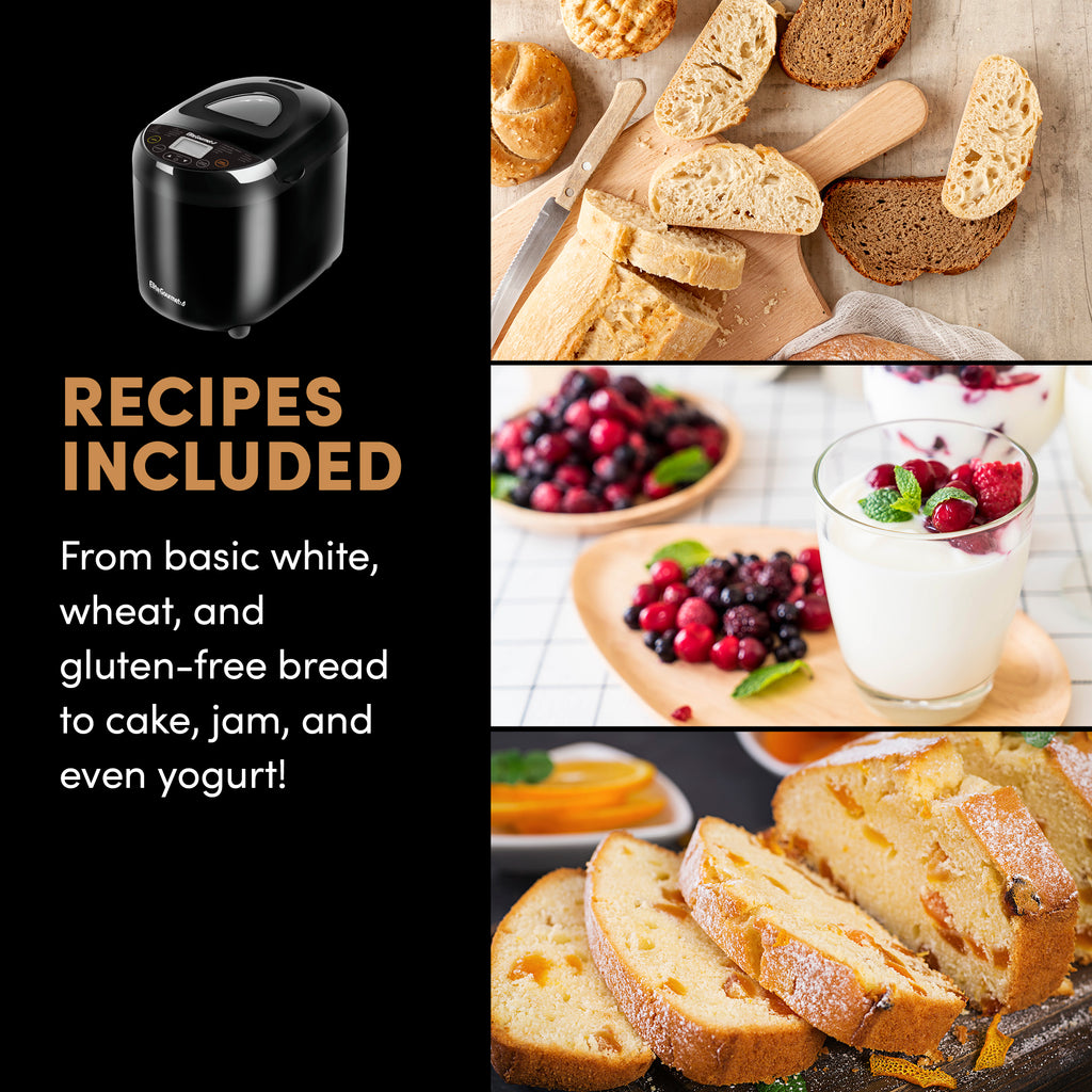 RECIPES INCLUDED From basic white, wheat, and gluten-free bread to cake, jam, and even yogurt! Showing various cakes, breads and yogurt with berries.