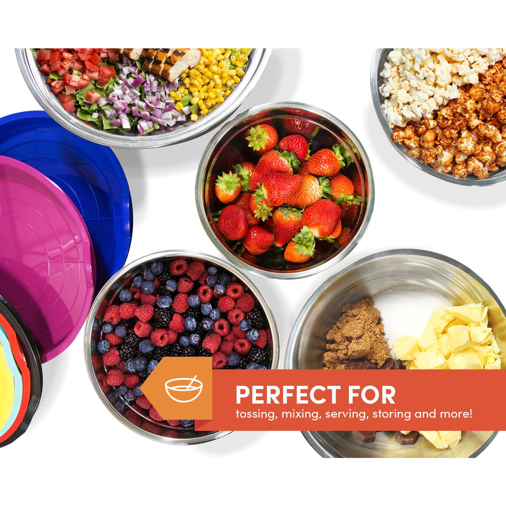 PERFECT FOR tossing, mixing, serving, storing and more! Various types of food in the stainless steel mixing bowls.