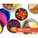 PERFECT FOR tossing, mixing, serving, storing and more! Various types of food in the stainless steel mixing bowls.