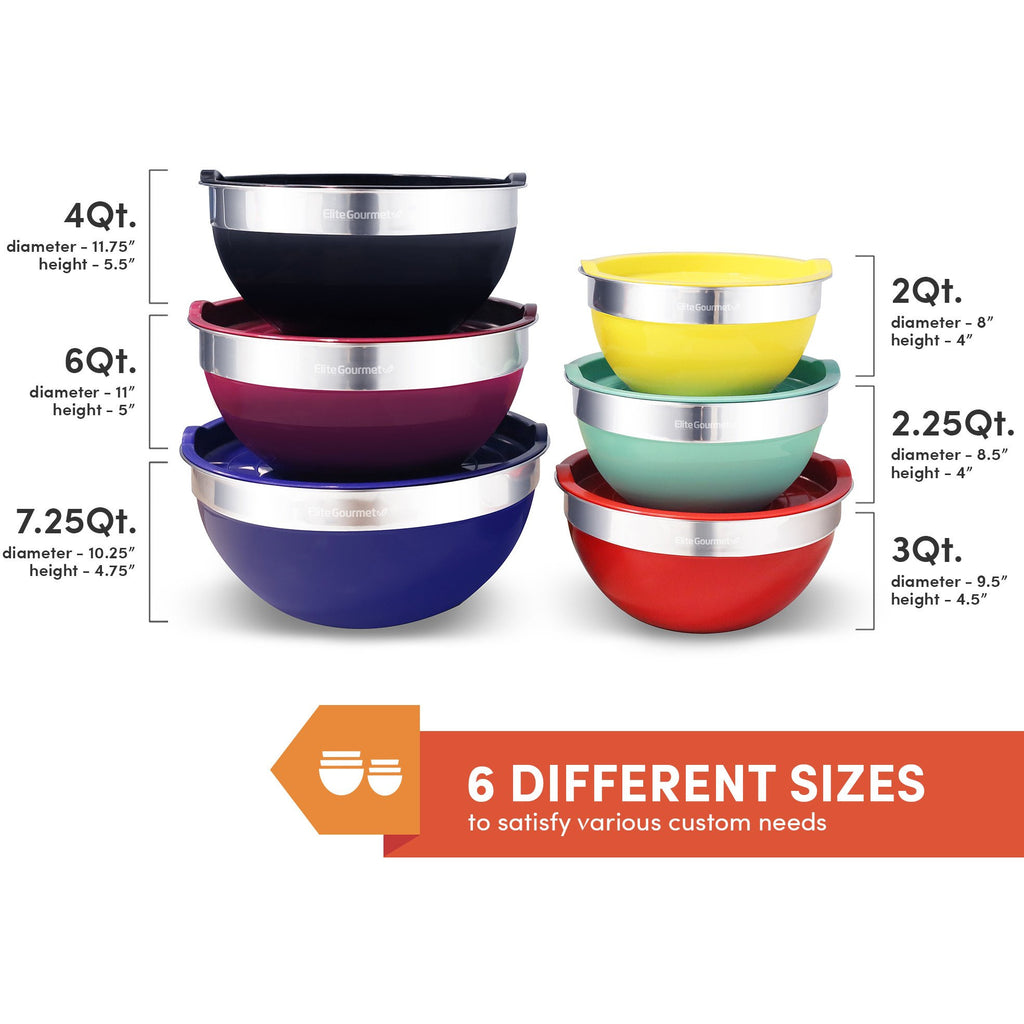 6 DIFFERENT SIZES to satisfy various custom needs. 4Qt. diameter - 11.75" height - 5.5" (Black), 6Qt. diameter - 11" height - 5" (Dark Purple), 7.25Qt. diameter - 10.25" height - 4.75" (Blue), 2Qt. diameter - 8" height - 4" (Yellow), 2.25Qt. diameter - 8.5" height - 4" (Mint), 3Qt. diameter - 9.5" height - 4.5" (Red)