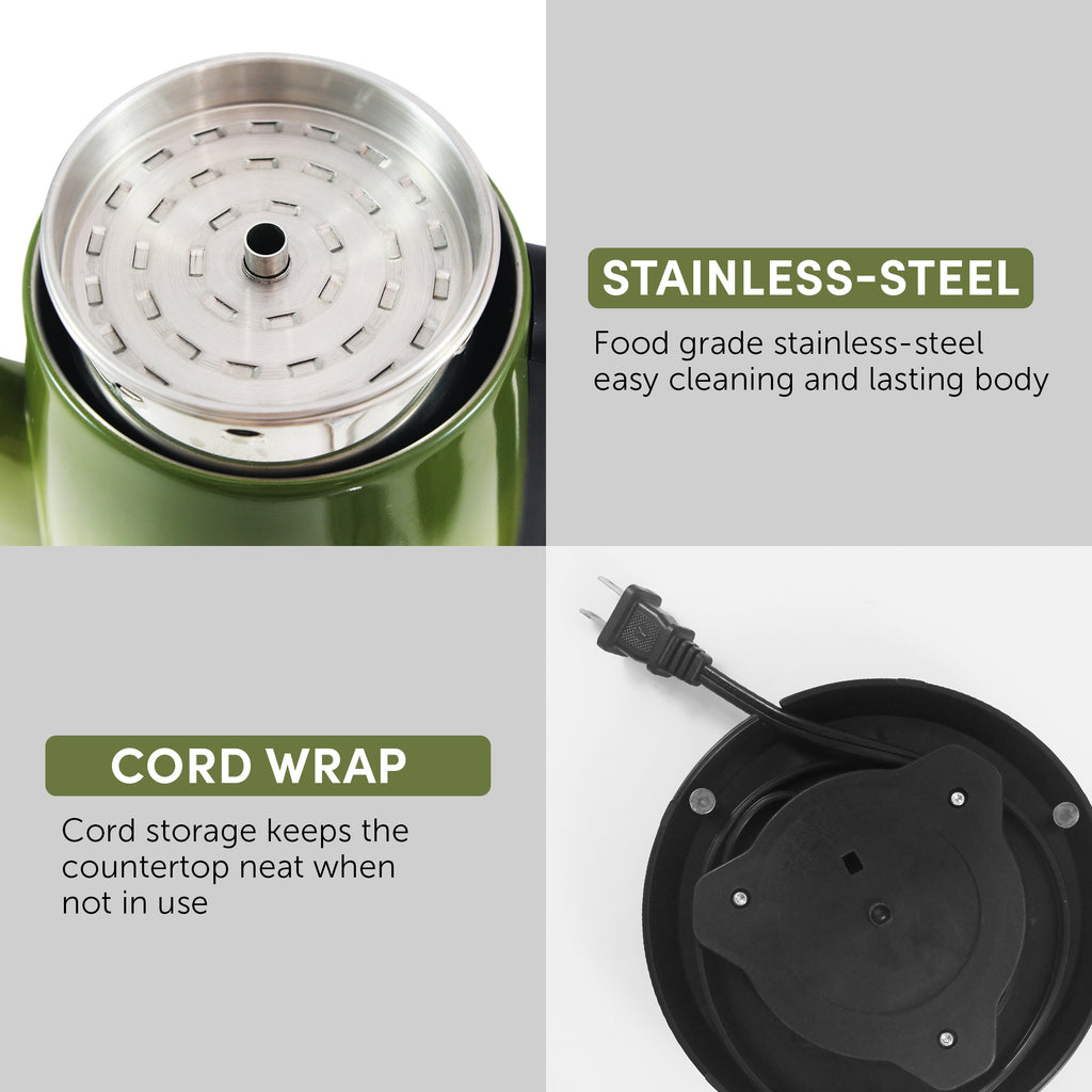 Stainless-steel food grade stainless steel cleaning and last body.  Cord Wrap. Cord storage keeps the countertop neat when not in use.