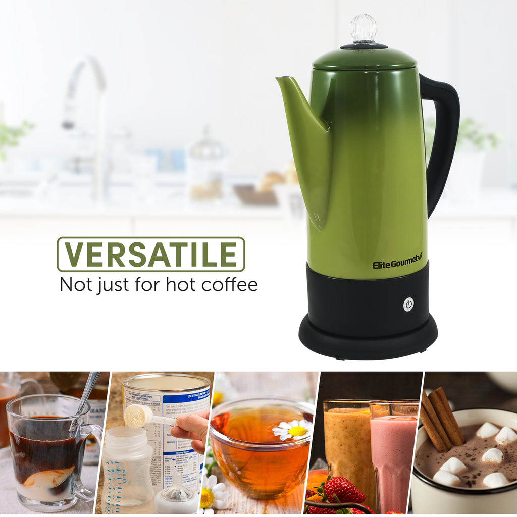 Versatile not just for hot coffee.  Images of hot tea, baby formula and hot cocoa.