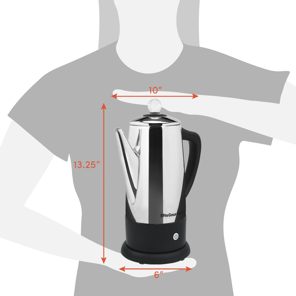6" Width (bottom) x 13.25" Height x 10" Width (from spout to cool touch handle)