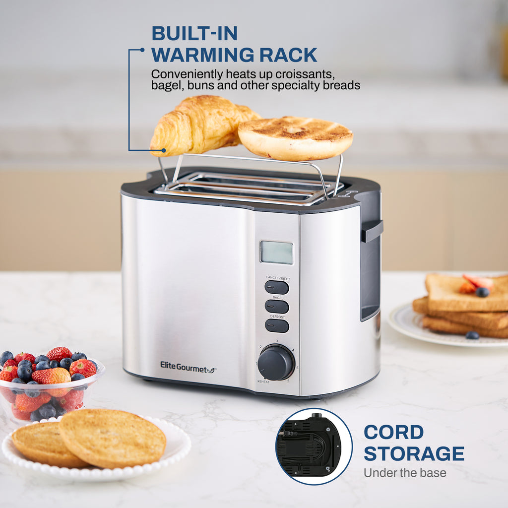 Built-in warming rack conveniently heats up croissants, bagel, buns and other specialty breads. Cord storage under the base. 