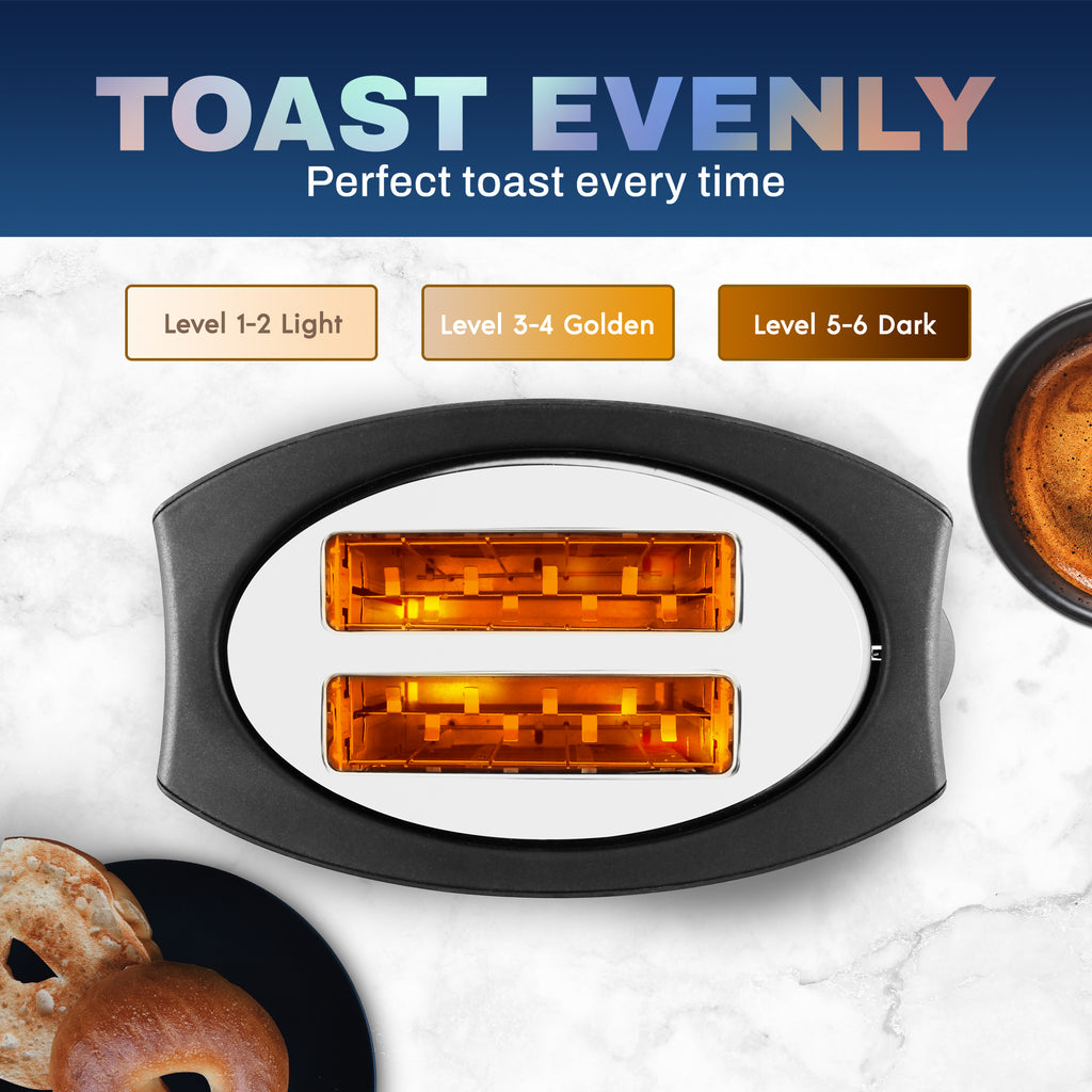 Toast evenly. Perfect toast every time. Level 1-2 Light. Level 3-4 Golden. Level 5-6 Dark.