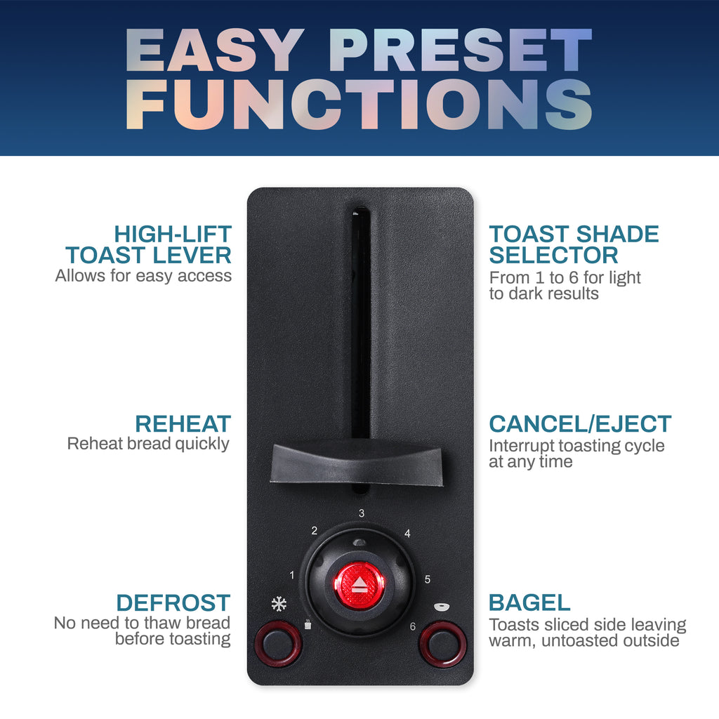Close up view of the lever and toast shade selector. Easy preset functions. High-lift toast lever allows for easy access. Reheat function reheat bread quickly. Defrost function: no need to thaw bread before toasting. Toast shade selector from 1 to 6 for light to dark results. Cancel/Eject interrupt toasting cycle at any time. Bagel function toasts sliced side leaving warm, untoasted outside.