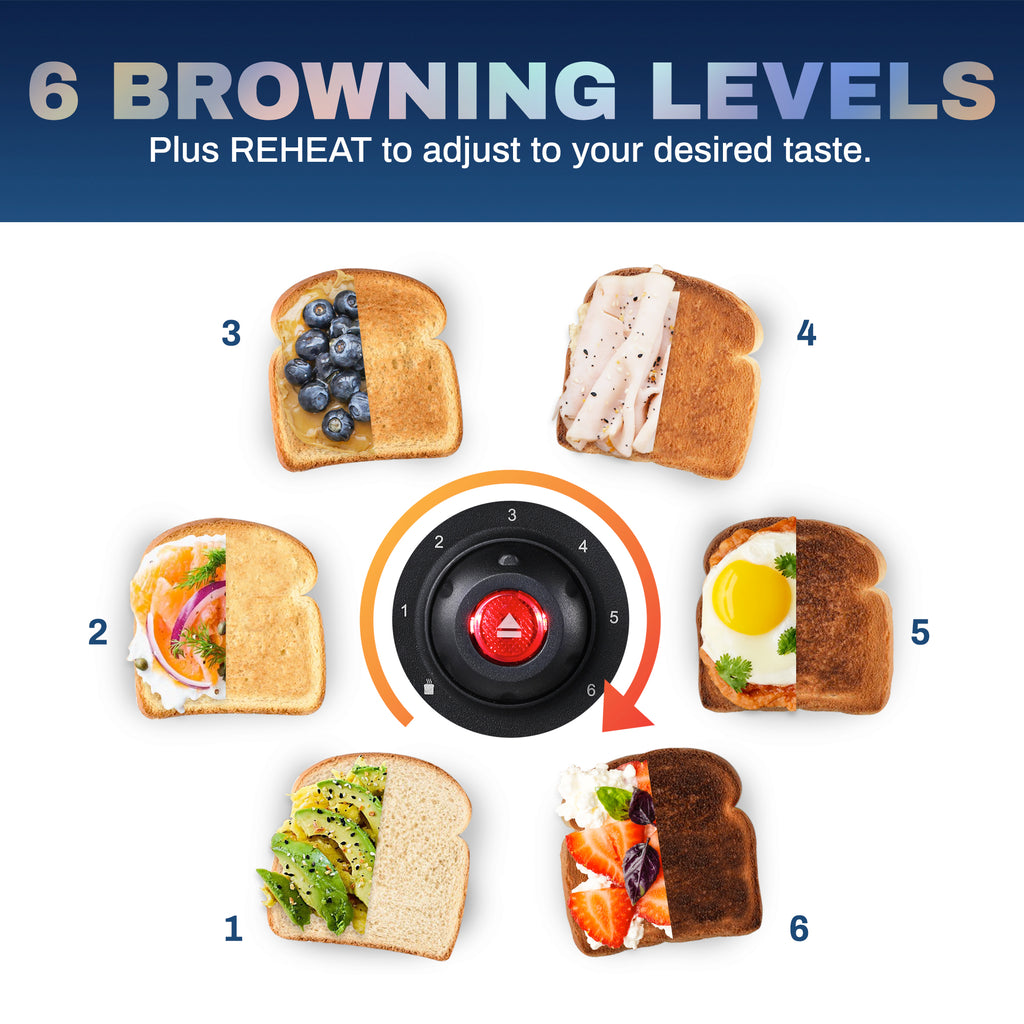 6 browning levels plus reheat to adjust to your desired taste. Close up view of the toast shade selector. Images of six toast slices with light to dark toast shades.