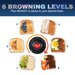 6 browning levels plus reheat to adjust to your desired taste. Close up view of the toast shade selector. Images of six toast slices with light to dark toast shades.