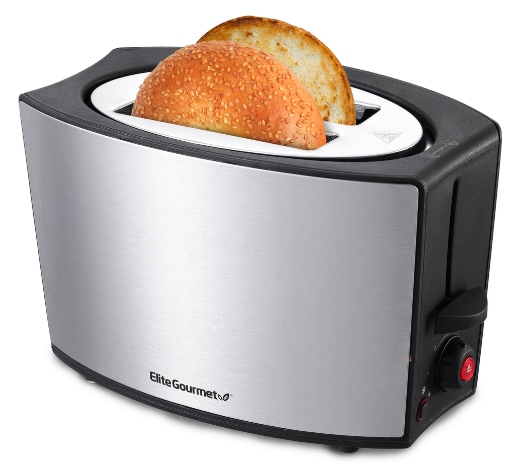2 Slice stainless steel toaster with bagel slices in the wide slots.
