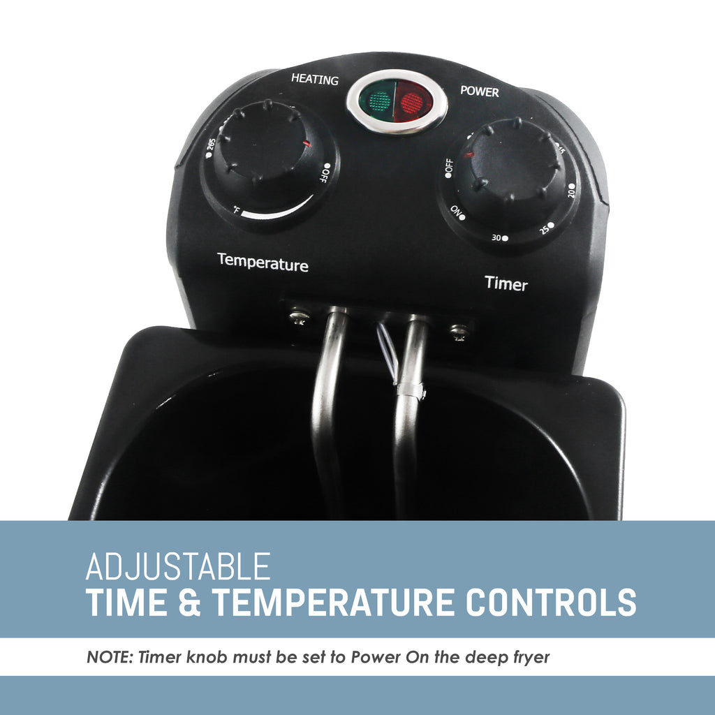 ADJUSTABLE TIME & TEMPERATURE CONTROLS NOTE: Timer knob must be set to Power On the deep fryer. Image showing closeup view of temperature control knob.