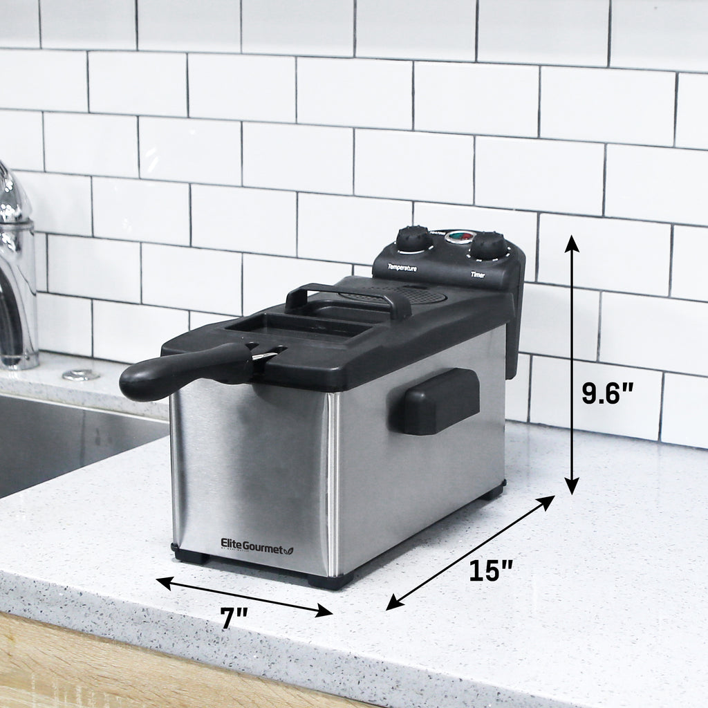 Electric Immersion Deep Fryer dimensions. 7" width, 15" length, 9.6" height 