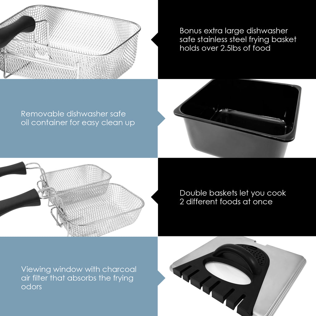 Bonus extra large dishwasher safe stainless steel frying basket holds over 2.5lbs of food, Removable dishwasher safe oil container for easy clean up, Double baskets let you cook 2 different foods at once, Viewing window with charcoal air filter that absorbs the frying odors.