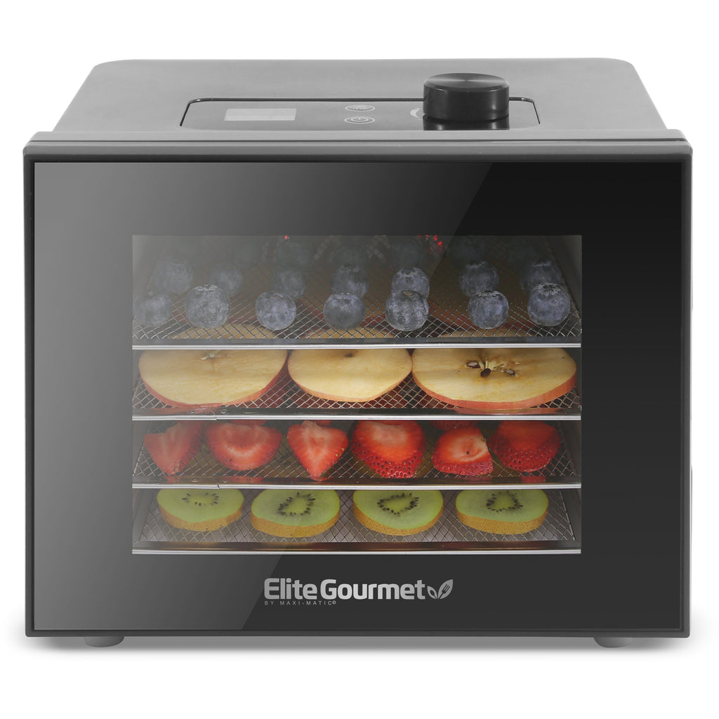 Electric Food Dehydrator with blueberries, apple slices, strawberries and kiwi drying inside.