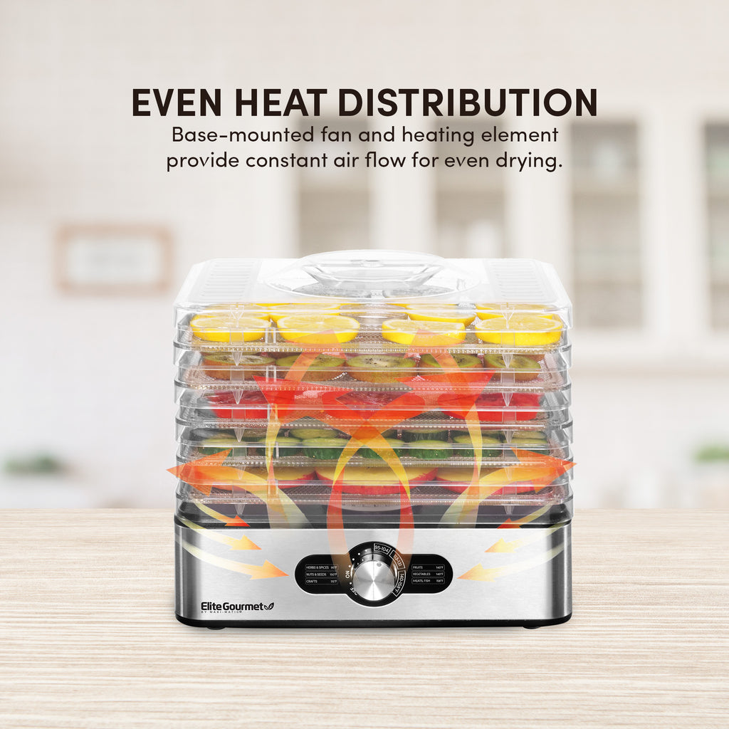 EVEN HEAT DISTRIBUTION Base-mounted fan and heating element provide constant air flow for even drying. Image showing heat distribution of food dehydrator.