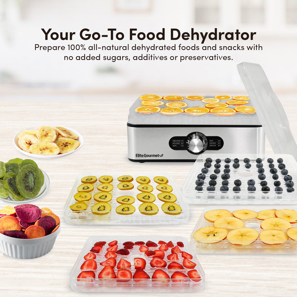 Your Go-To Food Dehydrator Prepare 100% all-natural dehydrated foods and snacks with no added sugars, additives or preservatives. Image showing various types of sliced fruits on dehydrator trays.