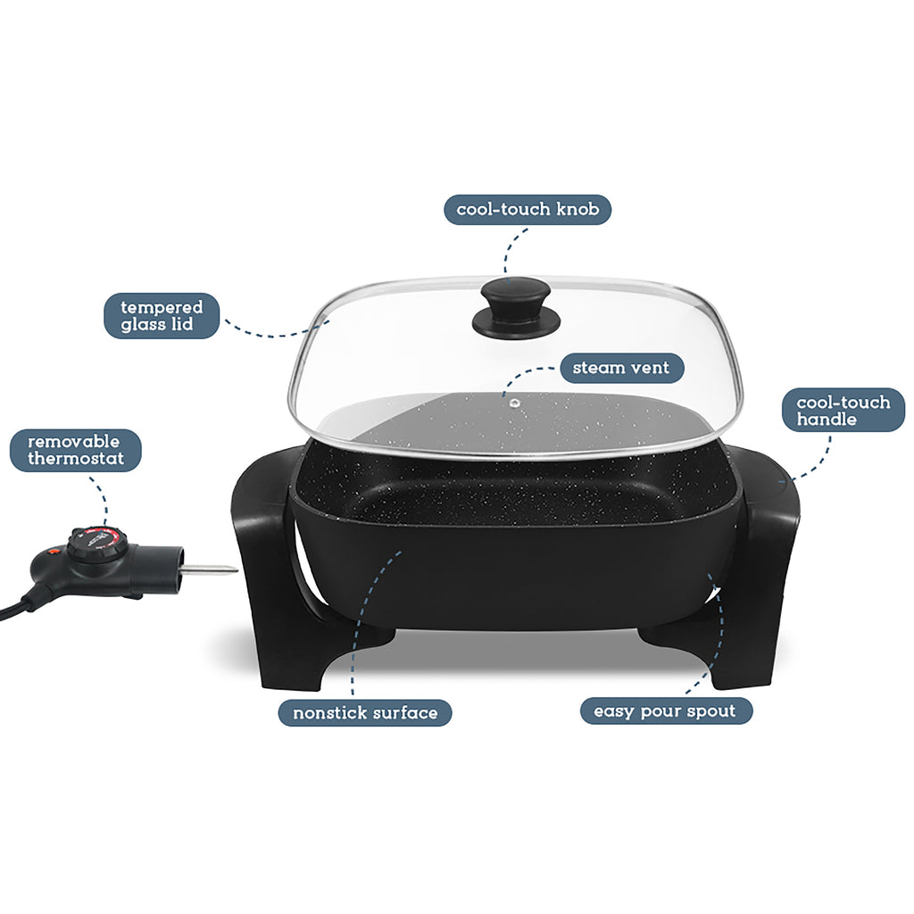 Parts description of Elite Gourmet Skillet. Cool-touch knob, steam vent, cool-touch handle, easy pour spout, nonstick surface, removable thermostat, tempered glass lid.