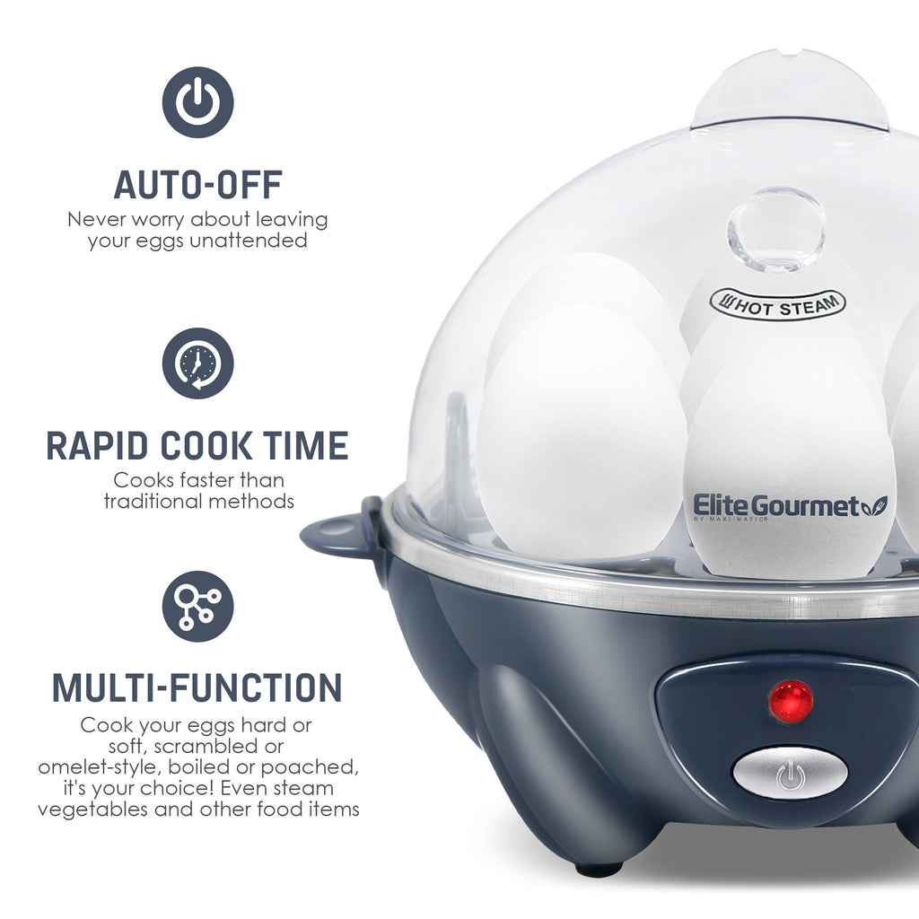 Auto-Off. Never worry about leaving your eggs unattended. Rapid Cooke Time. Cooks faster than traditional methods. Multi-Function, cooks your eggs hard or soft, scrambled or omelet-style. Boiled of poached, it's your choice! Even steam vegetables and other foods.