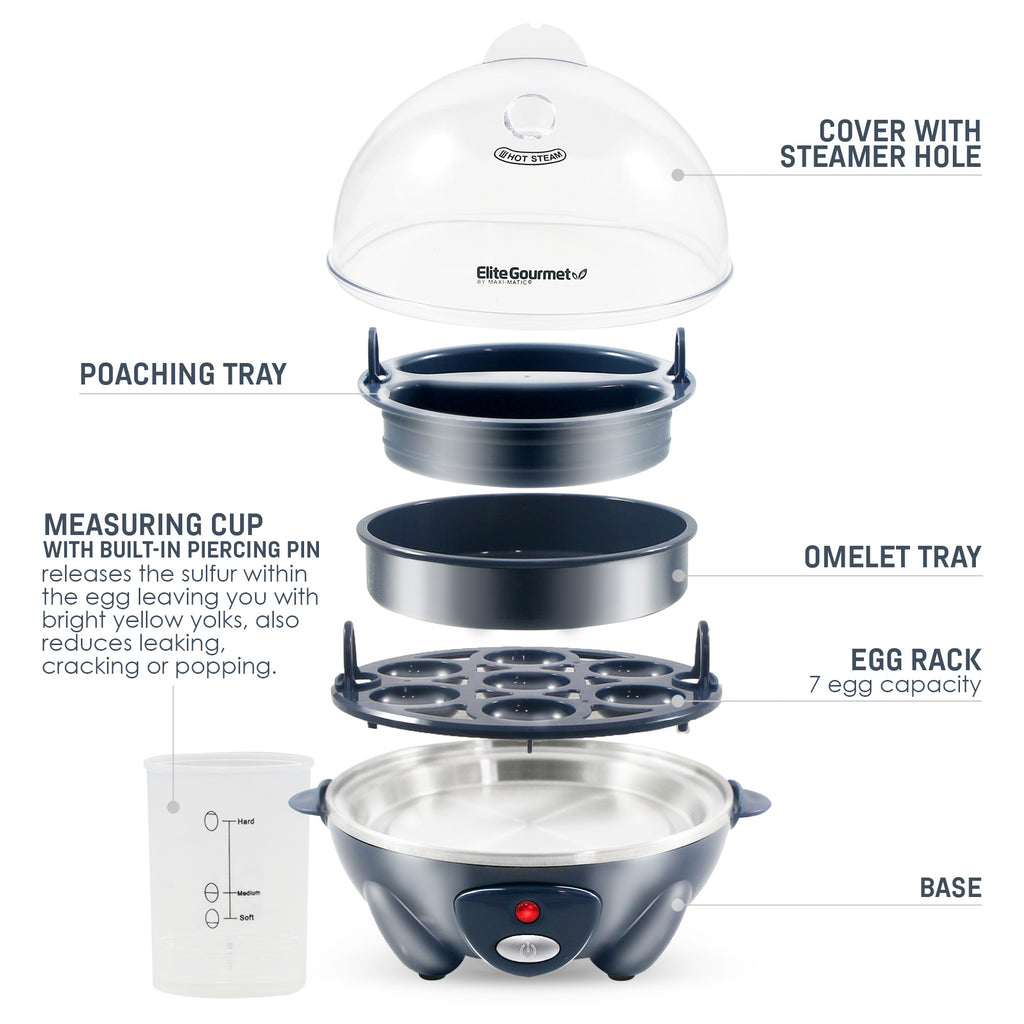Parts & accessories displayed. Poaching Tray, Measuring cup with built-in piercing pin releases the sulfur with the egg leaving you with bright yellow yolks, also reduces leaking, cracking or popping. Cover with steamer hole. Omelet Tray. Egg rack 7 egg capacity. Base.
