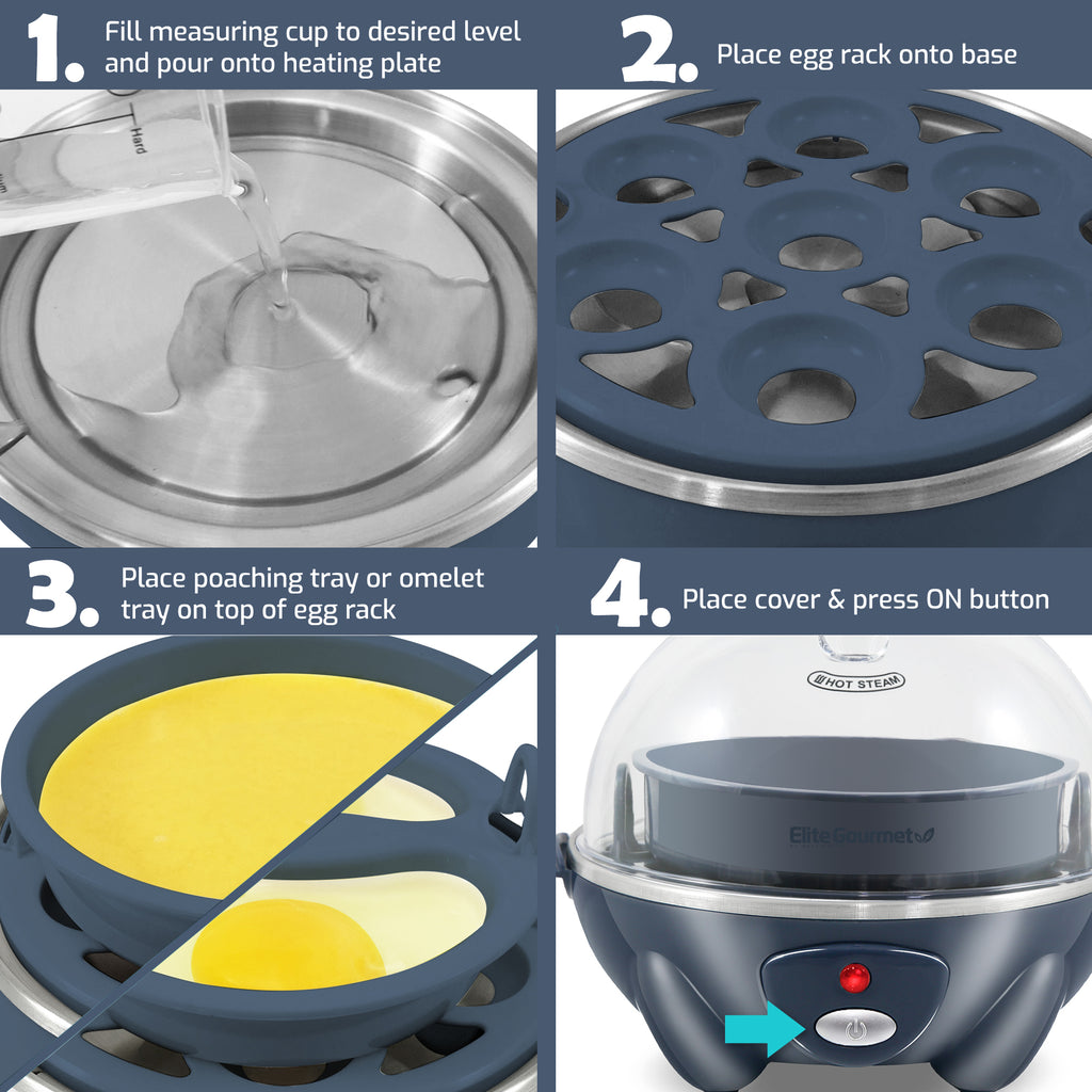 1. Fill measuring cup to desired level and pour onto heating plate. 2. Place egg rack onto base. 3. Place poaching tray or omelet tray on top of egg rack. 4. Place cover & press ON button.