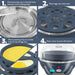 1. Fill measuring cup to desired level and pour onto heating plate. 2. Place egg rack onto base. 3. Place poaching tray or omelet tray on top of egg rack. 4. Place cover & press ON button.