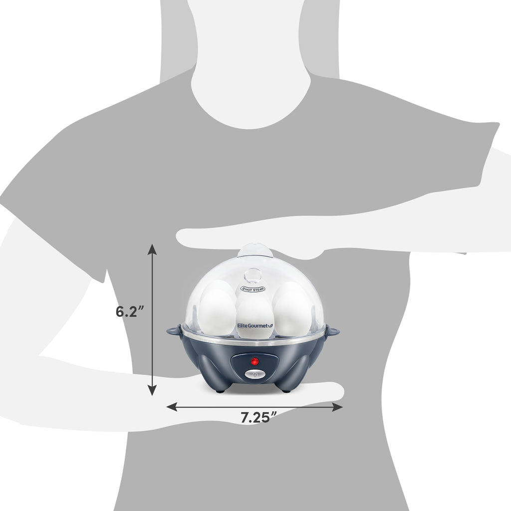 Dimensions of egg cooker. 6.2" Height, 7.25" Diameter.