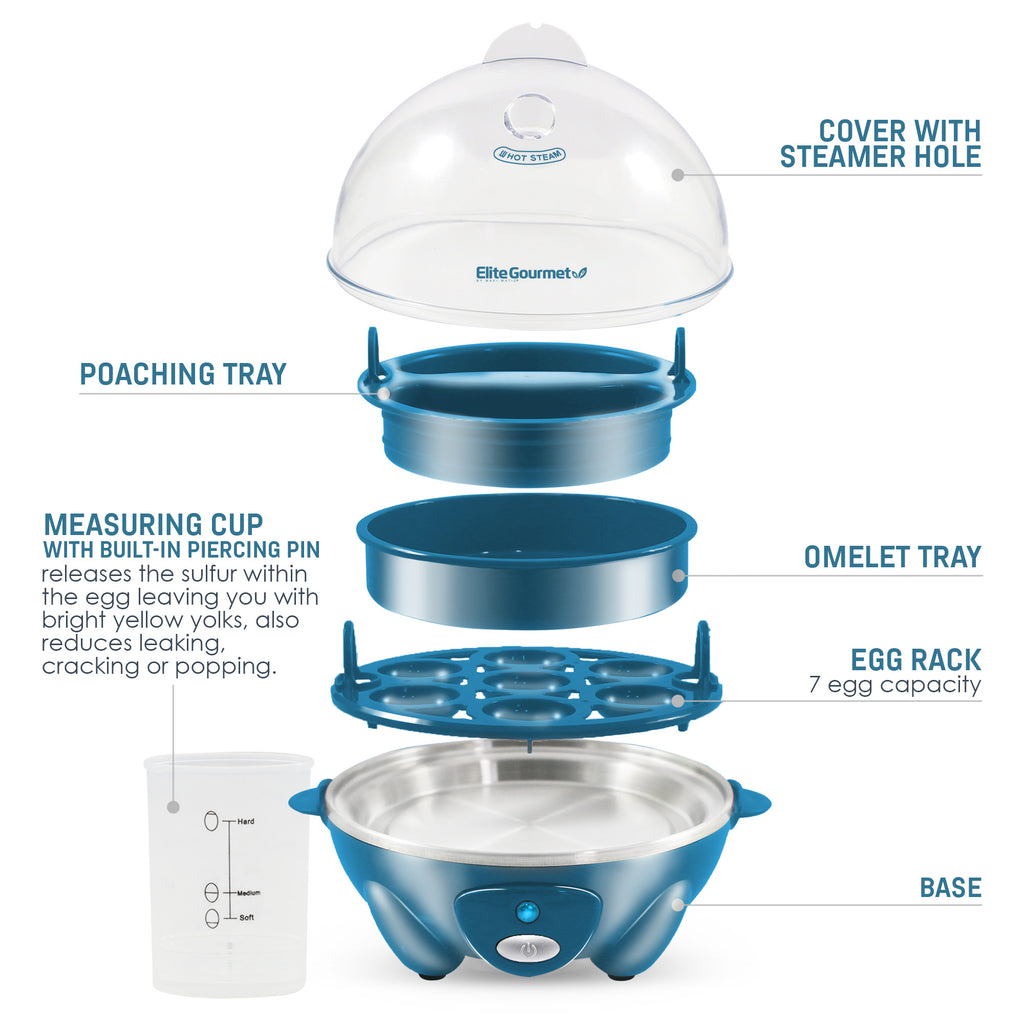 Parts & accessories displayed. Poaching Tray, Measuring cup with built-in piercing pin releases the sulfur with the egg leaving you with bright yellow yolks, also reduces leaking, cracking or popping. Cover with steamer hole. Omelet Tray. Egg rack 7 egg capacity. Base.