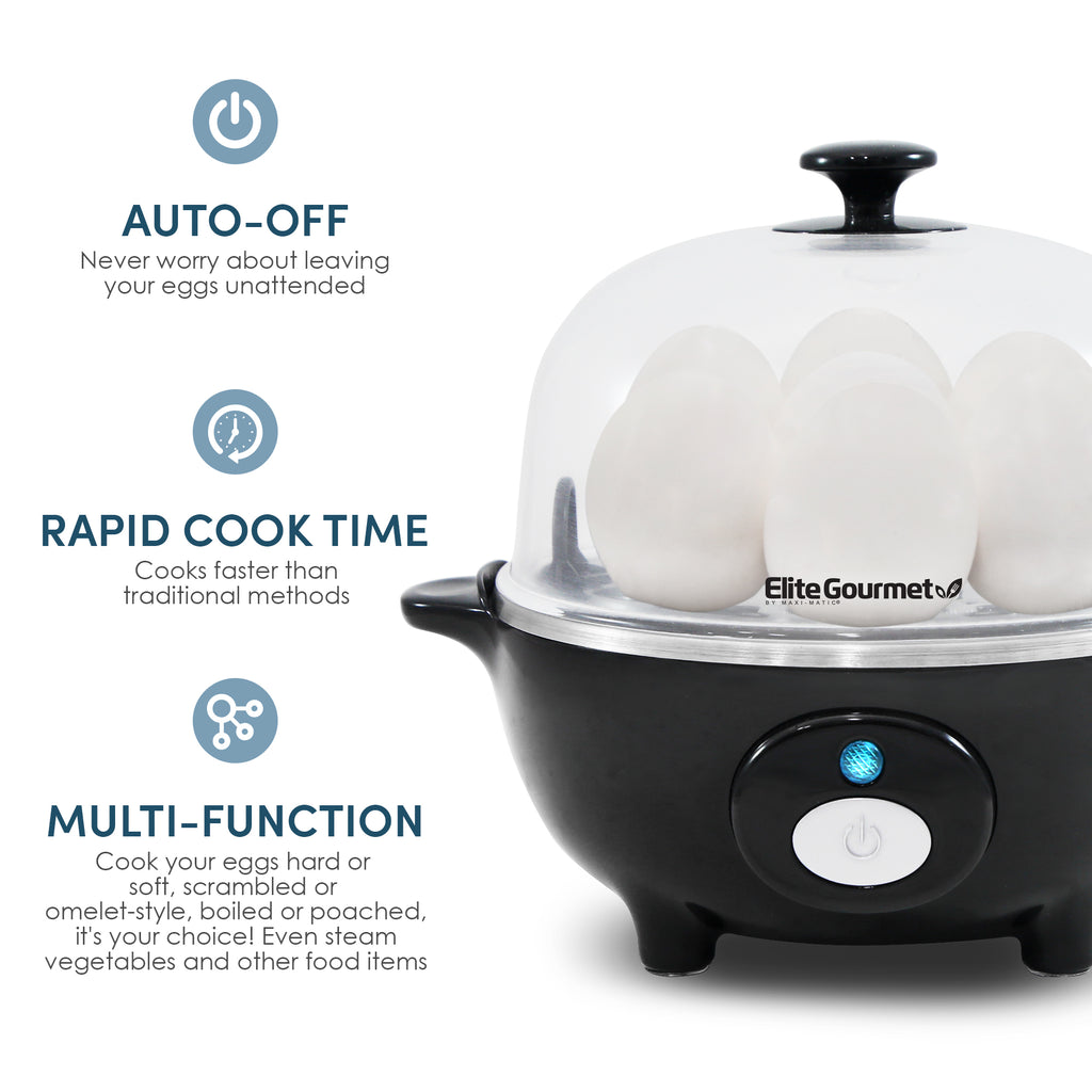 Auto-Off. Never worry about leaving your eggs unattended. Rapid Cooke Time. Cooks faster than traditional methods. Multi-Function, cooks your eggs hard or soft, scrambled or omelet-style. Boiled of poached, it's your choice! Even steam vegetables and other foods.