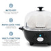 Auto-Off. Never worry about leaving your eggs unattended. Rapid Cooke Time. Cooks faster than traditional methods. Multi-Function, cooks your eggs hard or soft, scrambled or omelet-style. Boiled of poached, it's your choice! Even steam vegetables and other foods.