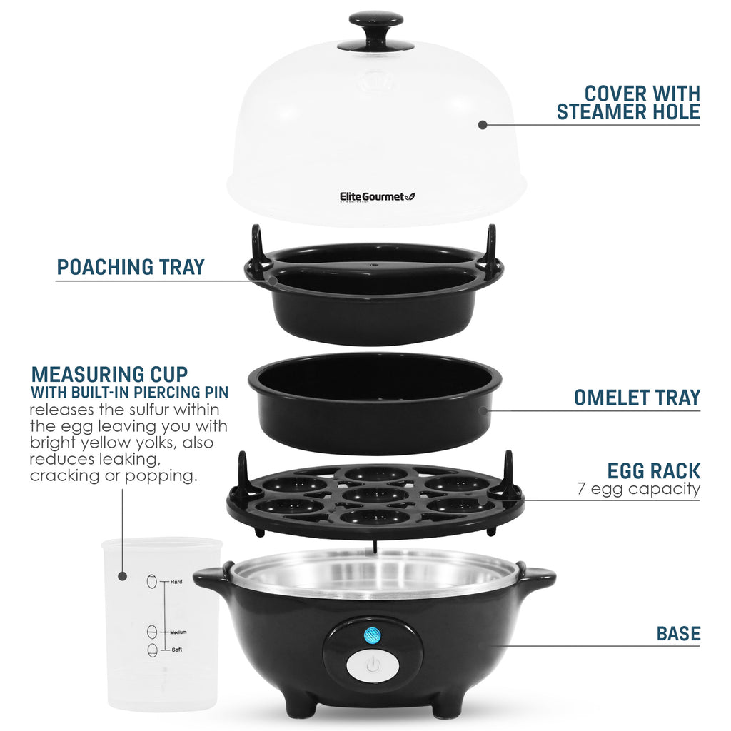 Parts & accessories displayed. Poaching Tray, Measuring cup with built-in piercing pin releases the sulfur with the egg leaving you with bright yellow yolks, also reduces leaking, cracking or popping. Cover with steamer hole. Omelet Tray. Egg rack 7 egg capacity. Base.