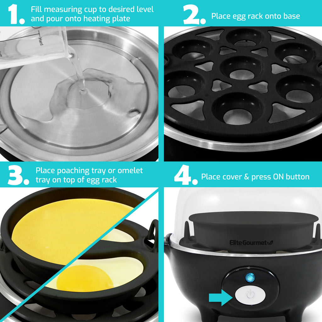 1. Fill measuring cup to desired level and pour onto heating plate. 2. Place egg rack onto base. 3. Place poaching tray or omelet tray on top of egg rack. 4. Place cover & press ON button.
