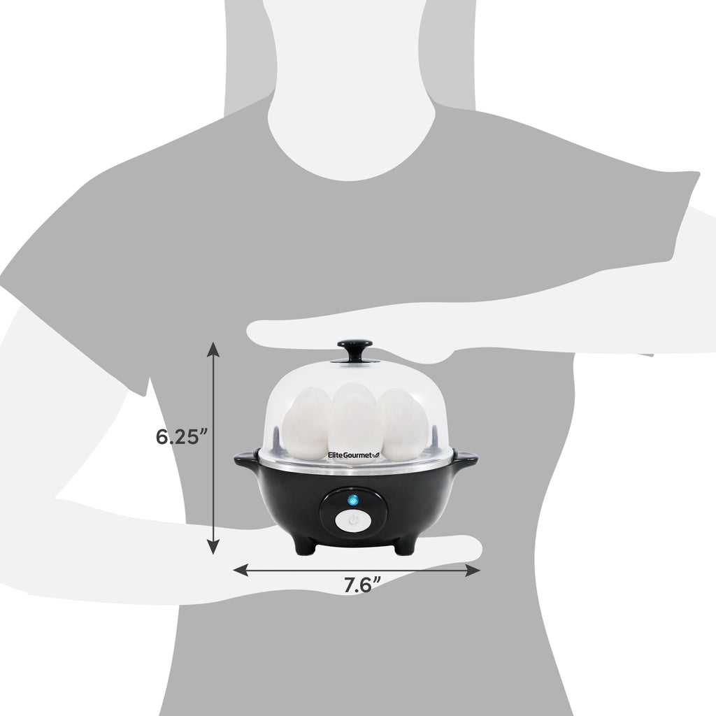 Dimensions of egg cooker. 6.25" Height, 7.6" Diameter.